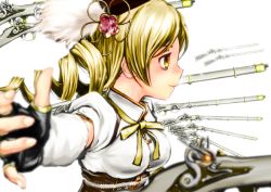 Rule 34 | 10s, 1girl, amon (mulciber), blonde hair, blurry, corset, depth of field, drill hair, fate (series), fingerless gloves, gate of babylon (fate), gloves, gun, magical girl, magical musket, mahou shoujo madoka magica, mahou shoujo madoka magica (anime), profile, rifle, shirt, simple background, solo, taut clothes, taut shirt, tomoe mami, weapon, white background, yellow eyes