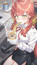 Rule 34 | 1girl, absurdres, aru (blue archive), black skirt, blue archive, blush, brown horns, chair, chopsticks, coffee, collared shirt, cup, demon horns, eating, gloves, halo, highres, holding, holding chopsticks, horns, indoors, long hair, long sleeves, looking at viewer, nissin cup noodle, pencil skirt, pink hair, pink halo, red ribbon, ribbon, shirt, side slit, sitting, skirt, solo, sysen, white gloves, white shirt, yellow eyes