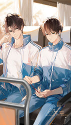 Rule 34 | 2boys, blue jacket, blue pants, blurry, blurry foreground, brown hair, bus interior, closed mouth, collarbone, commentary, curtains, day, earbuds, earphones, highres, jacket, light particles, lofter username, male focus, mole, mole under eye, multiple boys, open clothes, open jacket, original, panties, pants, piercing hole, shirt, short hair, sitting, sleeves rolled up, sunlight, suyako (suya93), track jacket, track pants, track suit, twitter username, underwear, weibo watermark, white jacket, white shirt, window