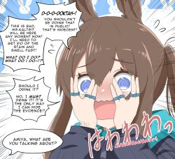 Rule 34 | 1girl, @ @, alph (sancheck), amiya (arknights), animal ear fluff, animal ears, arknights, black jacket, blue eyes, brown hair, covering own eyes, emphasis lines, english text, hair between eyes, highres, hood, hood down, hooded jacket, jacket, jewelry, long hair, long sleeves, open mouth, peeking through fingers, ponytail, puffy long sleeves, puffy sleeves, rabbit ears, ring, solo, upper body, wavy mouth