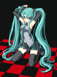 Rule 34 | 1girl, aqua eyes, aqua hair, armpits, blush, boots, checkered floor, colorized, detached sleeves, floor, ginta, hatsune miku, highres, kneeling, navel, necktie, perspective, skirt, solo, t28, thigh boots, thighhighs, twintails, vocaloid, zettai ryouiki