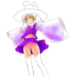 Rule 34 | 1girl, female focus, hat, moriya suwako, no panties, no pussy, partially colored, skirt, solo, sw (taco), thighhighs, touhou, white background, unfinished