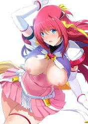 Rule 34 | 1girl, arm up, beat angel escalayer, blue eyes, blush, breasts, breasts out, cleavage cutout, clothing cutout, elbow gloves, escalation heroines, escalayer, gloves, hair intakes, hair ribbon, highres, long hair, medium breasts, nipples, official art, onigirikun, open mouth, pleated skirt, puffy short sleeves, puffy sleeves, red hair, red skirt, ribbon, short sleeves, simple background, skindentation, skirt, topless, white background, white gloves