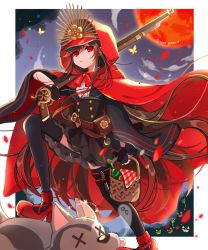 Rule 34 | 1girl, antique firearm, arquebus, belt, belt buckle, border, bottle, brown hair, buckle, bug, butterfly, corked bottle, expressionless, fate/grand order, fate (series), firearm, gun, highres, insect, jack-o&#039;-lantern, long hair, looking at viewer, moon, night, oda nobunaga (fate), oda nobunaga (koha-ace), oda uri, outside border, over shoulder, petals, picnic basket, red eyes, red footwear, red moon, solo, thighhighs, thighs, very long hair, weapon, weapon over shoulder, white border, wine bottle, yui (tamagohan)