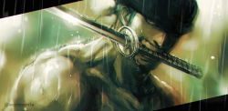 Rule 34 | 1boy, artist name, bandana, collarbone, completely nude, glowing, glowing eye, green hair, holding, holding sword, holding weapon, katana, looking at viewer, male focus, mouth hold, muscular, muscular male, nude, one piece, open mouth, rain, red pupils, roronoa zoro, shaded face, short hair, solo, sword, teeth, topless male, tsuyomaru, upper body, very short hair, water, weapon, wet, wet face