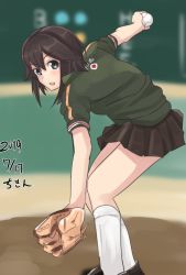 Rule 34 | 1girl, artist name, baseball glove, black hair, black skirt, blurry, chicken (chickenx), commentary request, dated, depth of field, green jacket, grey eyes, hayasui (kancolle), jacket, kantai collection, leaning forward, looking at viewer, one-hour drawing challenge, pitching, pleated skirt, short hair, skirt, socks, softball, solo, squatting, track jacket, white socks