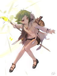 Rule 34 | 1girl, absurdres, black shorts, child, closed mouth, elf, full body, green hair, highres, holding, holding staff, holding weapon, hood, jacket, long sleeves, mushoku tensei, open clothes, open jacket, papa (839171447), pointy ears, red eyes, shoes, short hair, shorts, solo, staff, sylphiette (mushoku tensei), thighs, weapon, white jacket