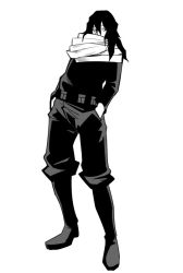Rule 34 | 10s, 1boy, eraser head (boku no hero academia), boku no hero academia, covered mouth, fukumaaya, full body, greyscale, hands in pockets, long hair, long sleeves, male focus, monochrome, pants, scarf, simple background, solo, standing, white background