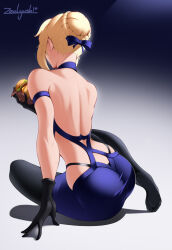 Rule 34 | 1girl, arm strap, artoria pendragon (alter swimsuit rider) (fate), artoria pendragon (fate), ass, back, backless dress, backless outfit, bare shoulders, black gloves, black pantyhose, blonde hair, blue dress, bow, braid, burger, clothing cutout, dress, facing away, fate/grand order, fate (series), food, french braid, from behind, full body, gloves, gradient background, hair bow, hand up, holding, holding food, leaning to the side, no shoes, panty straps, pantyhose, signature, sitting, solo, zealyush
