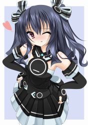 Rule 34 | 10s, 1girl, ahhien, atsuhien, bad id, bad pixiv id, black hair, blush, breasts, detached sleeves, dress, elbow gloves, gloves, hair ornament, hair ribbon, hands on own hips, heart, heart-shaped pupils, highres, looking at viewer, neptune (series), one eye closed, red eyes, ribbon, simple background, small breasts, solo, symbol-shaped pupils, twintails, two side up, uni (neptunia)