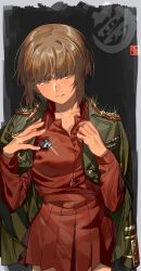 Rule 34 | 1girl, artist logo, bad id, bad twitter id, brown eyes, brown hair, closed mouth, commentary, cowboy shot, dress shirt, epaulettes, girls und panzer, grey jacket, half-closed eyes, head tilt, insignia, jacket, jacket on shoulders, kuromorimine military uniform, light frown, looking at viewer, military, military uniform, miniskirt, nishizumi miho, pleated skirt, red shirt, red skirt, sad, shirt, short hair, skirt, solo, sparkle, standing, uniform, veerinly, wing collar