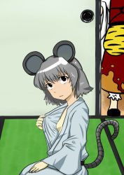 Rule 34 | 2girls, animal ears, breasts, deusexmachina, female focus, flat chest, grey hair, mouse ears, mouse tail, multiple girls, nazrin, nipples, open clothes, red eyes, short hair, small breasts, tail, toramaru shou, touhou, walk-in