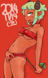 Rule 34 | 1girl, :p, bandeau, between legs, breasts, choker, cleavage, colored skin, dark skin, dark-skinned female, demon girl, demon horns, demon tail, fang, freckles, green eyes, green hair, hand between legs, highres, horns, looking at viewer, matching hair/eyes, naughty face, navel, open mouth, original, piza-ko, pointy ears, red background, red skin, san mamiya, short hair, short shorts, shorts, solo, standing, strapless, tail, tail pull, tongue, tongue out, tube top, underboob
