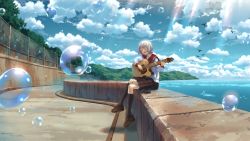 Rule 34 | 1girl, acoustic guitar, after rain, bird, black socks, blue sky, brown footwear, chain-link fence, closed eyes, cloud, day, dtto., fence, grey hair, guitar, highres, hill, indie utaite, instrument, kneehighs, light rays, loafers, music, on wall, open mouth, original, playing instrument, pleated skirt, scenery, school uniform, serafuku, shijohane, shoes, shore, short hair, singing, sitting, skirt, sky, smile, socks, solo, sunlight, tree, utaite, vocaloid, water, water drop