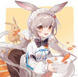 1girl :d animal arknights black_bow black_bowtie blue_ribbon bow bowl bowtie brown_eyes carrot chinese_commentary commentary_request frilled_hairband frills grey_hair hair_between_eyes hairband highres holding holding_bowl long_hair long_sleeves open_mouth rabbit ribbon ribbon-trimmed_sleeves ribbon_trim shirt smile solo warmy_(arknights) watermark weibo_watermark white_hairband white_shirt yunweishukuang