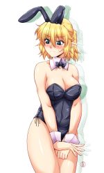 Rule 34 | 1girl, alternate costume, animal ears, blonde hair, blush, bow, bowtie, breasts, cleavage, detached collar, female focus, green eyes, highres, large breasts, leotard, mizuhashi parsee, ootsuki wataru, playboy bunny, pointy ears, rabbit ears, short hair, simple background, solo, touhou, white background, wrist cuffs