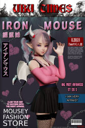 1girl 3d absurdres black_skirt body_harness chain choker demon_tail fishnet_thighhighs fishnets hair_ornament heart heart_hair_ornament heterochromia highres horns ironmouse ironmouse_(1st_costume) looking_at_viewer multicolored_hair pink_hair pink_shirt poster_(medium) purple_hair shirt skirt smile tail thighhighs uburedstudio virtual_youtuber wings