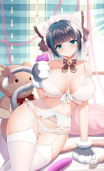 Rule 34 | 1girl, absurdres, anal tail, animal hands, aqua eyes, azur lane, bad id, bad pixiv id, bed sheet, black hair, blush, bow, bowtie, bra, breasts, breasts apart, butt plug, cat tail, cheshire (azur lane), condom, condom wrapper, corset, detached collar, fake tail, frilled ribbon, frills, garter belt, garter straps, gloves, hair bow, heart, heart-shaped pupils, highres, laoan, large breasts, looking at viewer, maid headdress, multicolored hair, panties, panties over garter belt, paw gloves, ribbon, sex toy, short hair, smile, solo, streaked hair, stuffed animal, stuffed toy, symbol-shaped pupils, tail, teddy bear, thighhighs, underwear, underwear only, white bra, white panties, white thighhighs