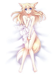 Rule 34 | 1girl, animal ears, barefoot, blonde hair, blue eyes, clothes in front, covering privates, embarrassed, fox ears, fox tail, highres, inari, konshin, legs, long hair, lying, nude, nude cover, on back, original, solo, tail