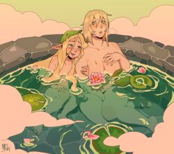 Rule 34 | 2girls, absurdres, areola slip, blonde hair, blush, breasts, completely nude, convenient censoring, dungeon meshi, elf, falin touden, flower, highres, large breasts, leaf, leaf on head, leaning on person, lily pad, locked arms, long hair, lotus, marcille donato, mmmmuda, multiple girls, nude, onsen, partially submerged, pink flower, pointy ears, same-sex bathing, shared bathing, smile, very long hair, water lily flower, wet, wet hair, yuri