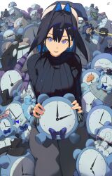Rule 34 | 1girl, absurdres, analog clock, black hair, black sweater, blue eyes, blue hair, clock, eyelashes, facing viewer, fang, grey pants, hair between eyes, hair intakes, hat, highres, holding, hololive, hololive english, jewelry, kronie (ouro kronii), looking at viewer, o22no, open mouth, ouro kronii, pants, ribbed sweater, ribbon earrings, short hair, slit pupils, smile, solo focus, sweater, virtual youtuber
