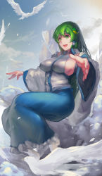 Rule 34 | 1girl, armpits, blue skirt, breasts, detached sleeves, frog hair ornament, gohei, green eyes, green hair, hair ornament, highres, impossible clothes, kochiya sanae, large breasts, long hair, looking at viewer, open mouth, redrawn, sideboob, skirt, skirt set, sky of morika, snake hair ornament, solo, touhou, wide sleeves