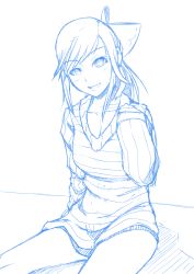Rule 34 | 1girl, blue theme, bow, breasts, cleavage, hair bow, long hair, love plus, maydrawfag, monochrome, no pants, ribbed sweater, smile, solo, sweater, takane manaka