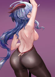 Rule 34 | 1girl, absurdres, ass, bare shoulders, black pantyhose, blue hair, bodysuit, breasts, butt crack, from behind, ganyu (genshin impact), gaseity snake, genshin impact, goat horns, highres, horns, large breasts, leotard, long hair, looking at viewer, looking back, no bra, pantyhose, pole, pole dancing, red eyes, shiny clothes, shiny skin, sideboob, simple background, solo, stripper pole, topless, very long hair