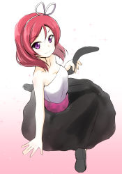 Rule 34 | 10s, 1girl, bare shoulders, breasts, cat tail, cleavage, collarbone, eyebrows, hair ribbon, long hair, looking at viewer, love live!, love live! school idol festival, love live! school idol project, medium breasts, nanotsuki, nishikino maki, purple eyes, red hair, ribbon, smile, solo, strapless, tail, white ribbon