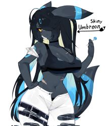 Rule 34 | alternate color, animal ears, asymmetrical legwear, bandaid, bandaid on face, belt, black eyes, black fur, black hair, blonde hair, blue hair, breasts, candy, choker, cleavage, colored sclera, creatures (company), crop top, food, furry, furry female, game freak, gen 2 pokemon, hand on own hip, highres, large breasts, lollipop, long hair, looking at viewer, midriff, multicolored hair, navel, nintendo, pants, pokemon, pokemon (creature), scar, scar across eye, shiny pokemon, tail, thick thighs, thigh belt, thigh strap, thighs, togetoge, torn clothes, torn pants, umbreon, very long hair, wide hips, yellow sclera