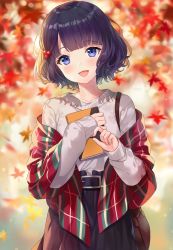 Rule 34 | 1girl, :d, artist name, autumn leaves, bad id, bad twitter id, bag, black skirt, blue eyes, blurry, blurry background, blush, collarbone, commentary, depth of field, fate/grand order, fate (series), grey shirt, hair bobbles, hair ornament, hands up, head tilt, highres, hitsukuya, katsushika hokusai (fate), leaf, long sleeves, looking at viewer, maple leaf, open mouth, plaid, purple hair, shawl, shirt, short hair, shoulder bag, signature, skirt, sleeves past wrists, smile, solo, symbol-only commentary