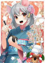 Rule 34 | 1girl, :d, akagi kurage, animal, animal ears, blue kimono, blush, bowl, brown eyes, chinese zodiac, chopsticks, floral background, floral print, flower, grey hair, hair between eyes, hair flower, hair ornament, hairclip, highres, holding, holding bowl, holding chopsticks, japanese clothes, kagami mochi, kimono, long sleeves, looking at viewer, mouse (animal), mouse ears, mouse girl, mouse tail, obi, open mouth, original, pink flower, print kimono, purple flower, sash, smile, solo, tail, teeth, translation request, upper teeth only, wide sleeves, year of the rat