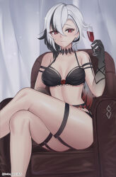 Rule 34 | 1girl, absurdres, arlecchino (genshin impact), artist name, black hair, breasts, brulee, chair, cleavage, closed mouth, cross-shaped pupils, crossed legs, cup, drinking glass, fingernails, garter straps, genshin impact, highres, holding, holding cup, lingerie, long hair, looking at viewer, medium breasts, multicolored hair, navel, sharp fingernails, sitting, solo, symbol-shaped pupils, thighs, underwear, white hair, wine glass
