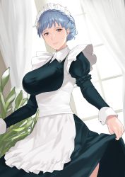 Rule 34 | 1girl, alternate costume, apron, black dress, blue hair, braid, breasts, brown eyes, closed mouth, crown braid, curtains, curtsey, dress, enmaided, female focus, fire emblem, fire emblem: three houses, highres, indoors, j@ck, large breasts, long sleeves, looking at viewer, maid, maid apron, maid headdress, marianne von edmund, nintendo, puffy long sleeves, puffy sleeves, solo, underbust, white apron, window