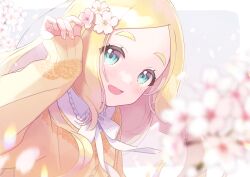 Rule 34 | 1girl, :d, blonde hair, blue eyes, blurry, blurry foreground, blush, cherry blossoms, flower, hair flower, hair ornament, hand up, highres, indie virtual youtuber, kamogawa akira, long hair, long sleeves, looking at viewer, open mouth, ribbon, shinonome megu, shirt, smile, solo, upper body, virtual youtuber, white ribbon, yellow shirt