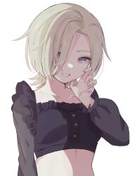 Rule 34 | 1girl, black shirt, blonde hair, breasts, claw pose, collarbone, commentary request, crop top, highres, long sleeves, looking at viewer, love live!, love live! nijigasaki high school idol club, mia taylor, midriff, notyu maru, purple eyes, shirt, short hair, small breasts, smile, solo, upper body