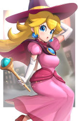 Rule 34 | 1girl, absurdres, arm behind head, blonde hair, blue eyes, blurry, blurry background, breasts, building, cape, dress, earrings, elbow gloves, gloves, gonzarez, hat, highres, holding, holding wand, lipstick, looking at viewer, makeup, mario (series), mario kart, mario kart tour, medium breasts, nintendo, open mouth, pink dress, pink lips, princess peach, princess peach (halloween), puffy short sleeves, puffy sleeves, short sleeves, solo, sphere earrings, wand, white gloves, witch, witch hat