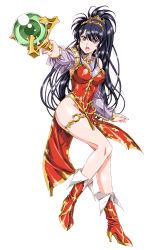 Rule 34 | 1girl, black hair, boots, breasts, breasts apart, brown eyes, detached sleeves, dress, earrings, full body, hair between eyes, hair ornament, high heel boots, high heels, highres, holding, holding staff, jessica (langrisser), jewelry, langrisser, long hair, medium breasts, official art, open mouth, outstretched arm, ponytail, red dress, red footwear, see-through, see-through sleeves, shiny skin, side slit, sleeveless, sleeveless dress, solo, staff, thighlet, transparent background, very long hair