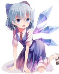Rule 34 | 1girl, bad id, bad pixiv id, blue eyes, blue hair, bow, cirno, comic, fang, hair bow, matching hair/eyes, open mouth, opopowa, ribbon, see-through, short hair, solo, touhou, wings