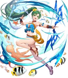 Rule 34 | 1girl, bikini, blue bikini, bow (weapon), breasts, choker, cleavage, clownfish, earrings, feet, female focus, fire emblem, fire emblem: the blazing blade, fire emblem heroes, fish, flower, full body, green eyes, green hair, hair flower, hair ornament, hibiscus, highres, holding, holding bow (weapon), holding weapon, jewelry, long hair, lyn (fire emblem), lyn (summer) (fire emblem), matching hair/eyes, medium breasts, navel, necklace, nintendo, octopus, official alternate costume, official art, ponytail, sandals, solo, starfish, stomach, strapless, strapless bikini, swimsuit, teffish, thighs, toes, transparent background, very long hair, weapon
