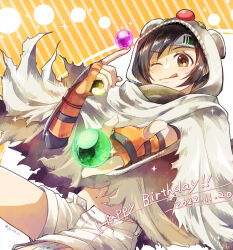 Rule 34 | 1girl, animal hood, arm guards, asymmetrical bangs, ball, black hair, brown eyes, cloak, cowboy shot, dated, final fantasy, final fantasy vii, final fantasy vii remake, fingerless gloves, gloves, happy birthday, headband, holding, holding ball, hood, hood up, hooded cloak, jo ro ri, looking at viewer, materia, midriff, moogle, navel, one eye closed, open fly, orange background, orange gloves, outstretched hand, short hair, short shorts, shorts, smile, solo, sparkle, square enix, tongue, tongue out, torn cloak, torn clothes, twitter username, white cloak, white shorts, yuffie kisaragi