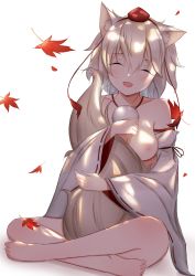 Rule 34 | 1girl, absurdres, animal ears, artist request, autumn leaves, blush, breasts, closed eyes, collarbone, crossed legs, dappled sunlight, detached sleeves, fangs, has bad revision, has downscaled revision, hat, highres, inubashiri momiji, leaf, looking at viewer, maple leaf, md5 mismatch, medium breasts, nipples, no panties, open mouth, pom pom (clothes), resolution mismatch, ribbon-trimmed sleeves, ribbon trim, short hair, silver hair, simple background, sitting, solo, source smaller, sunlight, tail, tokin hat, touhou, white background, wolf ears, wolf tail