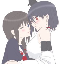 Rule 34 | 10s, 2girls, bad id, bad pixiv id, bare shoulders, black hair, black serafuku, blue eyes, blush, braid, detached sleeves, female focus, hair ornament, kantai collection, long hair, multiple girls, one eye closed, red eyes, school uniform, serafuku, shigure (kancolle), short hair, simple background, single braid, smile, udon (shiratama), upper body, white background, yamashiro (kancolle), yuri