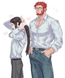 Rule 34 | 2boys, alternate costume, bara, beard, black-framed eyewear, blush, facial hair, fate/zero, fate (series), formal, glasses, green pants, grey pants, heart, iskandar (fate), jeje (pixiv12541114), large pectorals, long hair, lord el-melloi ii, male focus, mature male, multiple boys, muscular, muscular male, pants, partially unbuttoned, pectoral cleavage, pectorals, red eyes, red hair, shirt, short hair, sparkle, unfinished, waver velvet, white shirt