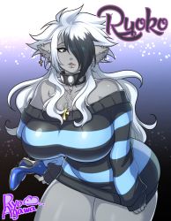 Rule 34 | 1girl, agawa ryou, animal ears, artist name, bare shoulders, black eyes, black hair, bottomless, breasts, collar, cross, earrings, female focus, high heels, huge breasts, jewelry, long hair, multicolored hair, necklace, piercing, shoes, solo, standing, sweater, thighs, white hair