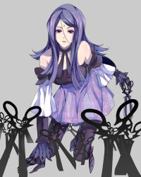 Rule 34 | 1girl, bare shoulders, black pantyhose, breasts, cleavage, commentary request, detached sleeves, drag-on dragoon, drag-on dragoon 3, dress, expressionless, eyelashes, flipped hair, fu yukari, grey background, holding, holding scissors, kneeling, long hair, looking at viewer, medium breasts, pale skin, pantyhose, parted lips, purple dress, purple hair, roman numeral, scissors, shiny skin, solo, three (drag-on dragoon)