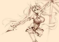 Rule 34 | 1girl, armor, bad id, bad twitter id, bare shoulders, boots, bradamante (fate), bradamante (first ascension) (fate), braid, breasts, cleavage, covered navel, crown braid, elbow gloves, energy barrier, energy shield, fate/grand order, fate (series), faulds, gloves, hayama kazusa, highleg, highleg leotard, highres, large breasts, leotard, long hair, looking at viewer, monochrome, open mouth, scepter, sepia, solo, thick thighs, thigh boots, thigh strap, thighhighs, thighs, twintails, very long hair