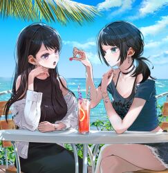 Rule 34 | 2girls, alternate hairstyle, bang dream!, bang dream! it&#039;s mygo!!!!!, black hair, black shirt, black skirt, black tank top, blue eyes, blue shirt, bracelet, breasts, cleavage, closed mouth, collarbone, commentary, commission, crossed legs, cup, day, earrings, english commentary, feeding, highres, jacket, jewelry, long hair, looking at another, low ponytail, medium breasts, medium hair, midriff peek, mole, mole under eye, multiple girls, ocean, off shoulder, open clothes, open jacket, open mouth, outdoors, purple eyes, shared drink, shiina taki, shirt, sitting, skirt, sleeveless, sleeveless shirt, tank top, white jacket, yahata umiri, yuri, zihacheol