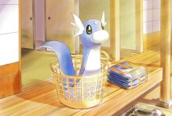 Rule 34 | black eyes, clothes, commentary request, creatures (company), dratini, erushiza, fins, game freak, gen 1 pokemon, in basket, laundry basket, nintendo, no humans, pillar, pokemon, pokemon (creature), shadow, slippers, solo, wooden floor