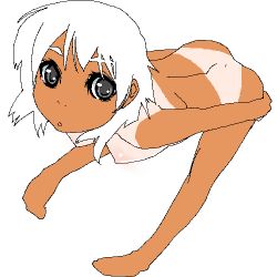 Rule 34 | 1girl, :o, bent over, bikini tan, breasts, hanging breasts, large breasts, lowres, nude, oekaki, short hair, simple background, solo, tan, tanline, white background, white hair
